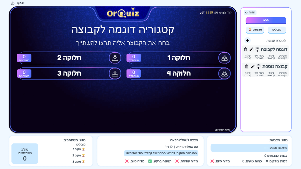 בלחיצה על האייקון לצד שם הקבוצה יפתח מסך הצפייה בניתוח החידון לפי הקבוצה