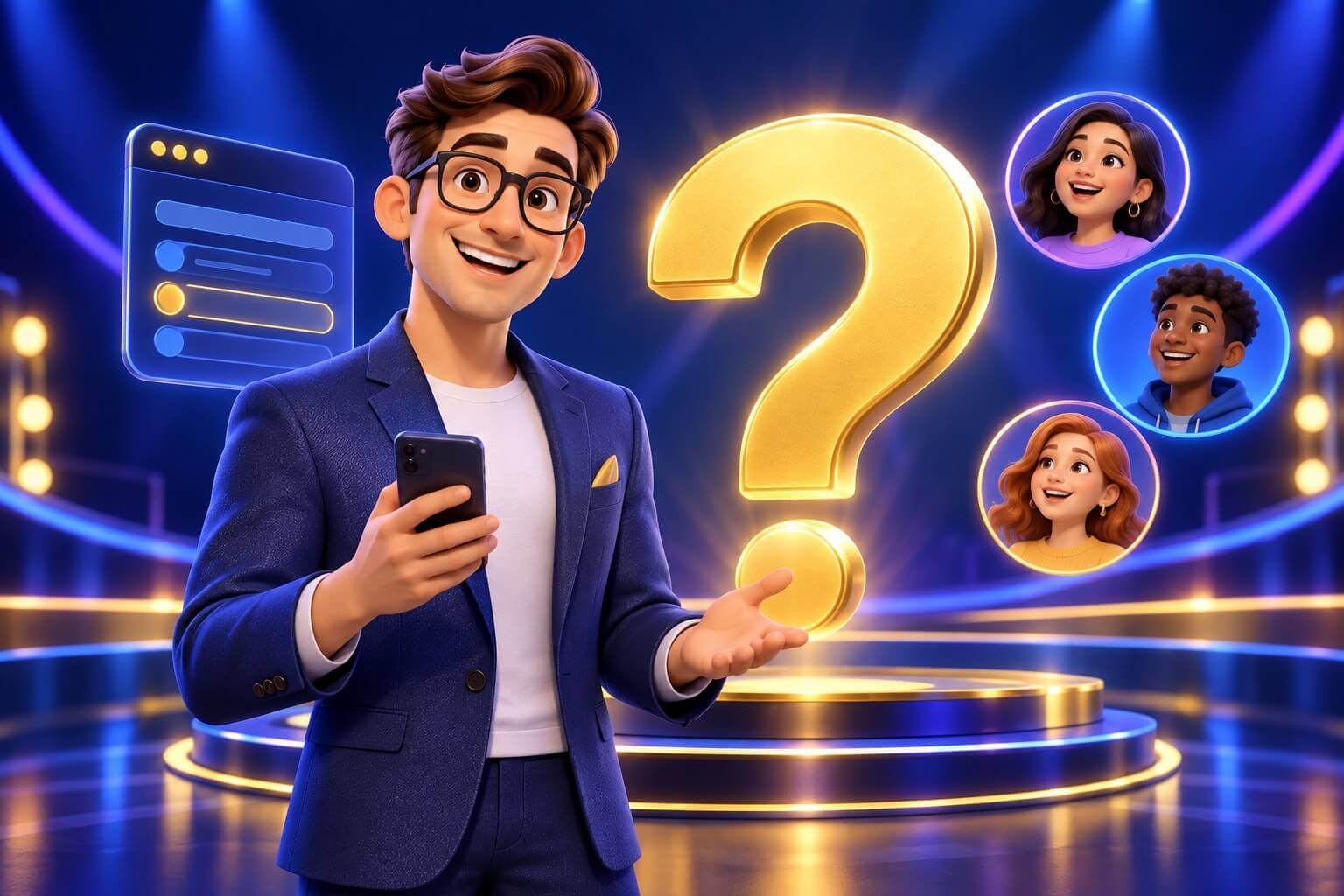 OrQuiz FAQ illustration with a game-show host, players and a question mark