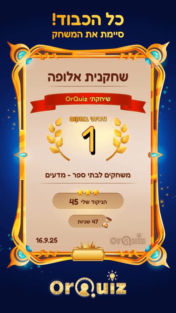 תעודה אישית מהחידון למזכרת ולשיתוף